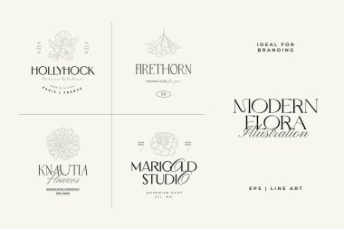 Klasik Çiçek Vektör İşaretleri veya Logo Şablonları. Klasik tipografi ile Retro Floral Illustration. Kadın logosu. Çiçekçi, fotoğrafçı, moda blogcusu, tasarım stüdyosu için Modern Logo Şablonu.