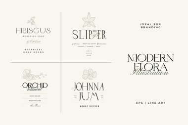 Klasik Çiçek Vektör İşaretleri veya Logo Şablonları. Klasik tipografi ile Retro Floral Illustration. Kadın logosu. Çiçekçi, fotoğrafçı, moda blogcusu, tasarım stüdyosu için Modern Logo Şablonu.