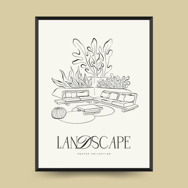 Abstract landscape interior contemporary minimal aesthetic. Hand drawn linear illustrations for wall decoration, postcards or brochures, cover design, stories, social media, app design.