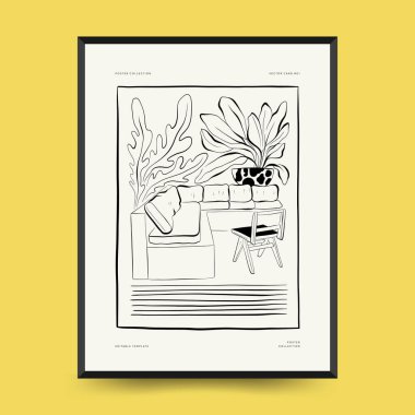 Soyut manzara iç mimarisi çağdaş asgari estetik. Duvar dekorasyonu, kartpostallar veya broşürler için el çizimi doğrusal çizimler, kapak tasarımı, hikayeler, sosyal medya, uygulama tasarımı.