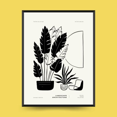 Soyut manzara iç mimarisi çağdaş asgari estetik. Duvar dekorasyonu, kartpostallar veya broşürler için el çizimi doğrusal çizimler, kapak tasarımı, hikayeler, sosyal medya, uygulama tasarımı.