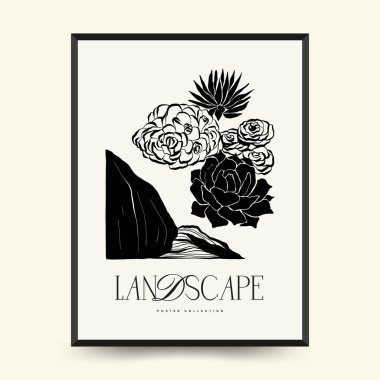 Abstract landscape interior contemporary minimal aesthetic. Hand drawn linear illustrations for wall decoration, postcards or brochures, cover design, stories, social media, app design.
