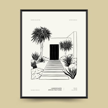 Soyut manzara iç mimarisi çağdaş asgari estetik. Duvar dekorasyonu, kartpostallar veya broşürler için el çizimi doğrusal çizimler, kapak tasarımı, hikayeler, sosyal medya, uygulama tasarımı.