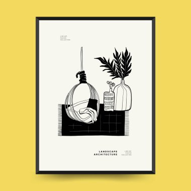 Soyut manzara iç mimarisi çağdaş asgari estetik. Duvar dekorasyonu, kartpostallar veya broşürler için el çizimi doğrusal çizimler, kapak tasarımı, hikayeler, sosyal medya, uygulama tasarımı.