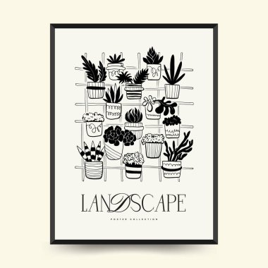 Abstract landscape interior contemporary minimal aesthetic. Hand drawn linear illustrations for wall decoration, postcards or brochures, cover design, stories, social media, app design.
