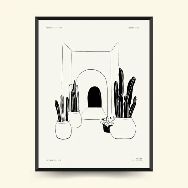 Abstract Landscape Interior Contemporary Minimal Aesthetic Hand Drawn Linear Illustrations — Διανυσματικό Αρχείο