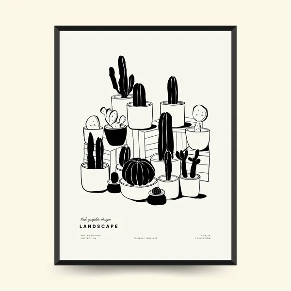 Abstract Landscape Interior Contemporary Minimal Aesthetic Hand Drawn Linear Illustrations — 图库矢量图片