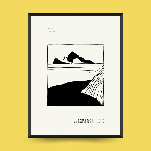 Abstract Landscape Interior Contemporary Minimal Aesthetic Hand Drawn Linear Illustrations — Vettoriale Stock