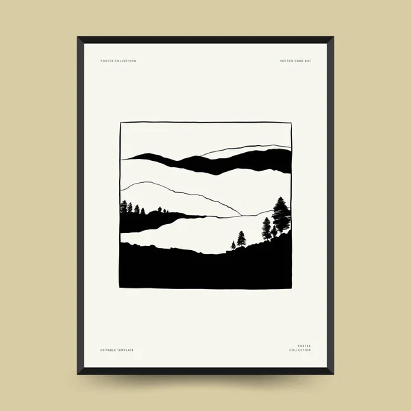 Abstract Landscape Interior Contemporary Minimal Aesthetic Hand Drawn Linear Illustrations — Vettoriale Stock