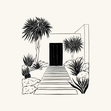 Soyut manzara iç mimarisi çağdaş asgari estetik. Duvar dekorasyonu, kartpostallar veya broşürler için el çizimi doğrusal çizimler, kapak tasarımı, hikayeler, sosyal medya, uygulama tasarımı.