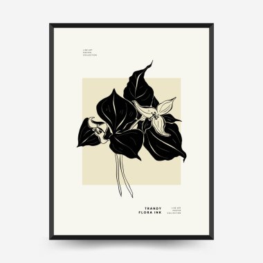 Abstract floral posters template. Modern Botanical trendy black style. Vintage flowers. Ink wall  art.