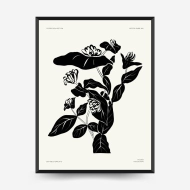 Abstract floral posters template. Modern Botanical trendy black style. Vintage flowers. Ink wall  art.