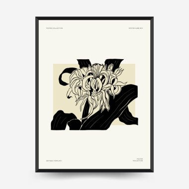 Abstract floral posters template. Modern Botanical trendy black style. Vintage flowers. Ink wall  art.