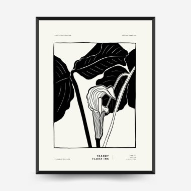 Abstract floral posters template. Modern Botanical trendy black style. Vintage flowers. Ink wall  art.