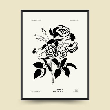 Abstract floral posters template. Modern Botanical trendy black style. Vintage flowers. Ink wall  art.