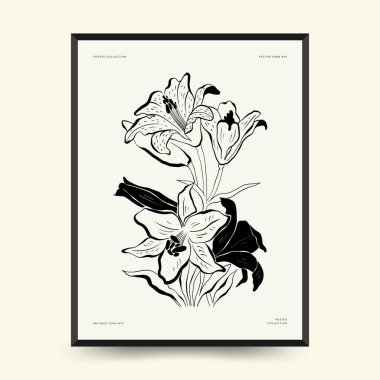 Abstract floral posters template. Modern Botanical trendy black style. Vintage flowers. Ink wall  art.
