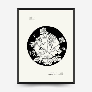 Abstract floral posters template. Modern Botanical trendy black style. Vintage flowers. Ink wall  art.