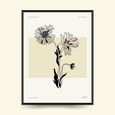 Abstract floral posters template. Modern Botanical trendy black style. Vintage flowers. Ink wall  art.