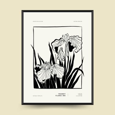 Abstract floral posters template. Modern Botanical trendy black style. Vintage flowers. Ink wall  art.