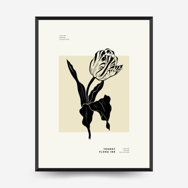 Abstract floral posters template. Modern Botanical trendy black style. Vintage flowers. Ink wall  art.