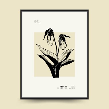 Abstract floral posters template. Modern Botanical trendy black style. Vintage flowers. Ink wall  art.