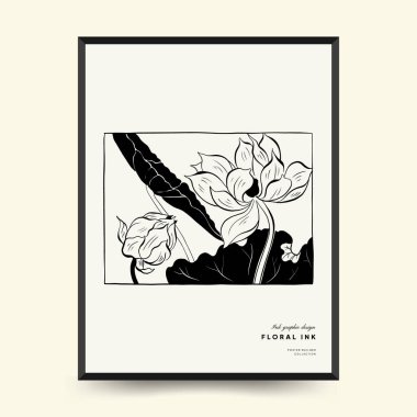 Abstract floral posters template. Modern Botanical trendy black style. Vintage flowers. Ink wall  art.