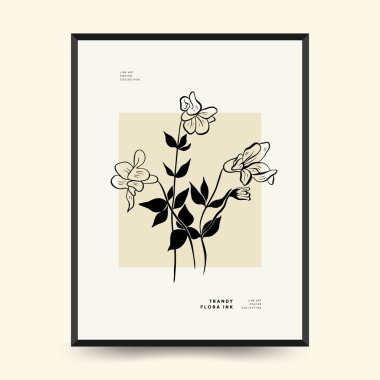Abstract floral posters template. Modern Botanical trendy black style. Vintage flowers. Ink wall  art.