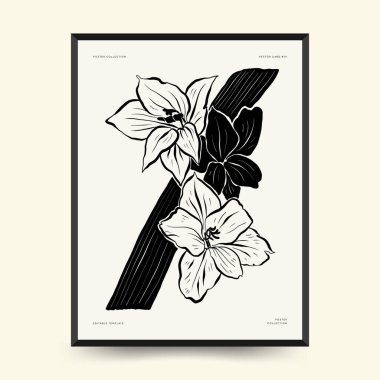 Abstract floral posters template. Modern Botanical trendy black style. Vintage flowers. Ink wall  art.