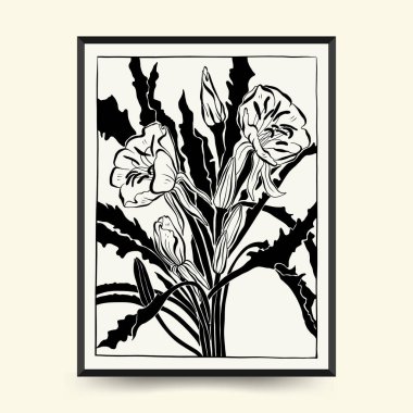 Abstract floral posters template. Modern Botanical trendy black style. Vintage flowers. Ink wall  art.