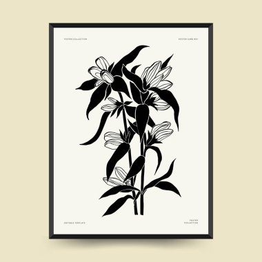 Abstract floral posters template. Modern Botanical trendy black style. Vintage flowers. Ink wall  art.
