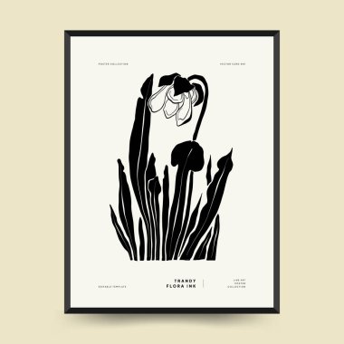 Abstract floral posters template. Modern Botanical trendy black style. Vintage flowers. Ink wall  art.