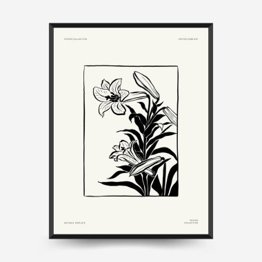 Abstract floral posters template. Modern Botanical trendy black style. Vintage flowers. Ink wall  art.