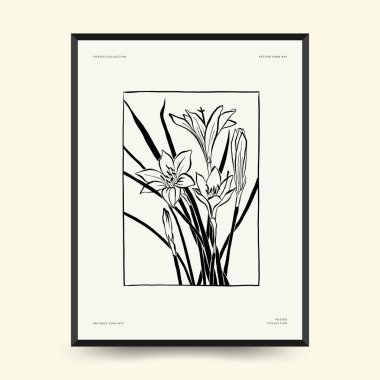 Abstract floral posters template. Modern Botanical trendy black style. Vintage flowers. Ink wall  art.