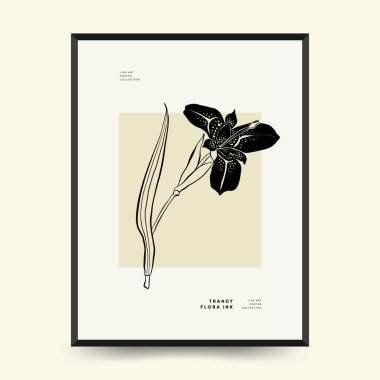 Abstract floral posters template. Modern Botanical trendy black style. Vintage flowers. Ink wall  art.