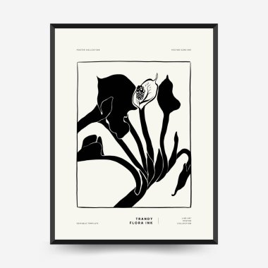 Abstract floral posters template. Modern Botanical trendy black style. Vintage flowers. Ink wall  art.