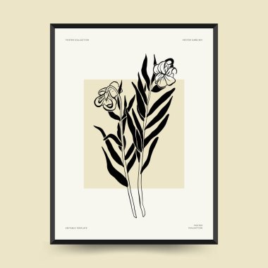 Abstract floral posters template. Modern Botanical trendy black style. Vintage flowers. Ink wall  art.
