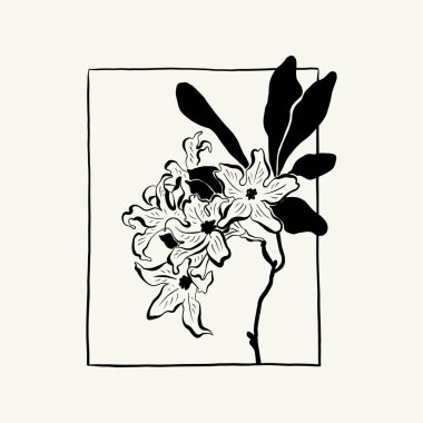 Flowers, Botanica illustration. Black ink, line, doodle style. 