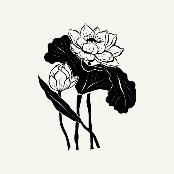 Flowers Botanica Illustration Black Ink Line Doodle Style —  Vetores de Stock