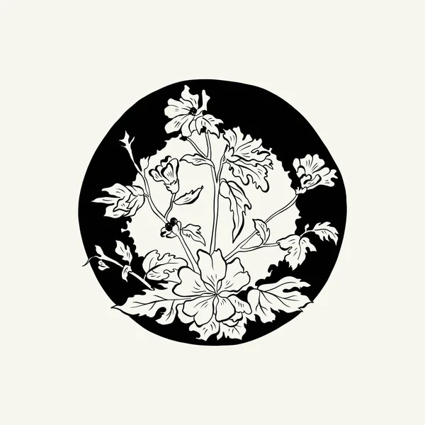 Flowers Botanica Illustration Black Ink Line Doodle Style — Διανυσματικό Αρχείο