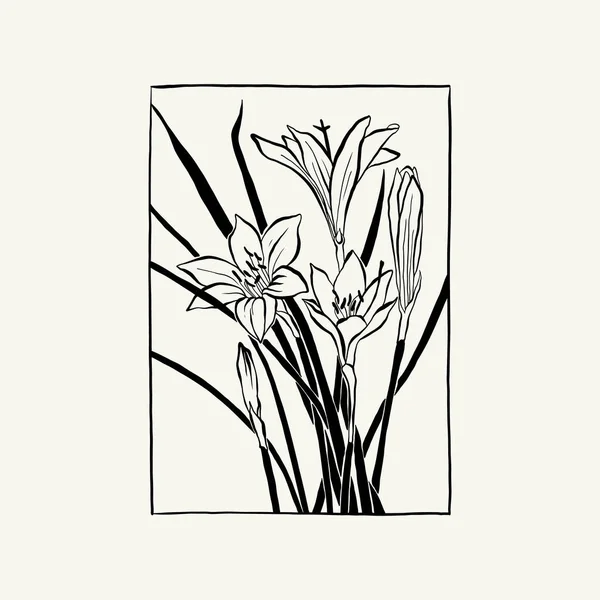 Flowers Botanica Illustration Black Ink Line Doodle Style — Stock vektor