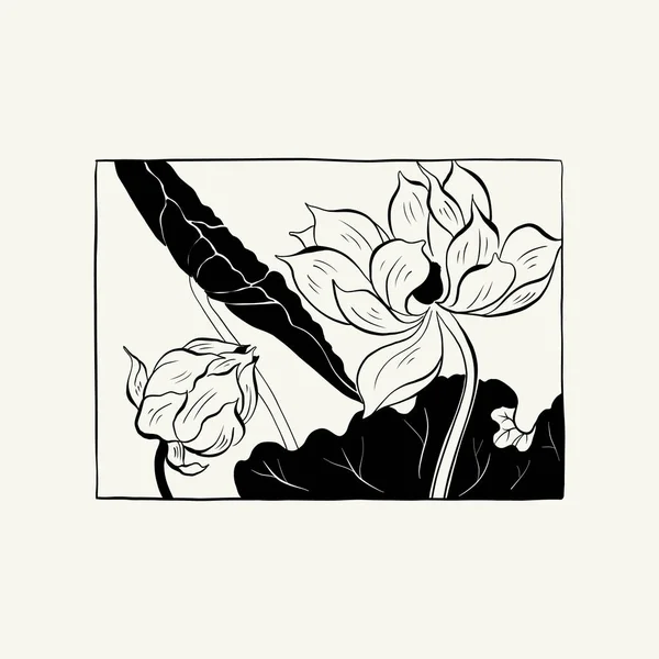 Flowers Botanica Illustration Black Ink Line Doodle Style — 图库矢量图片