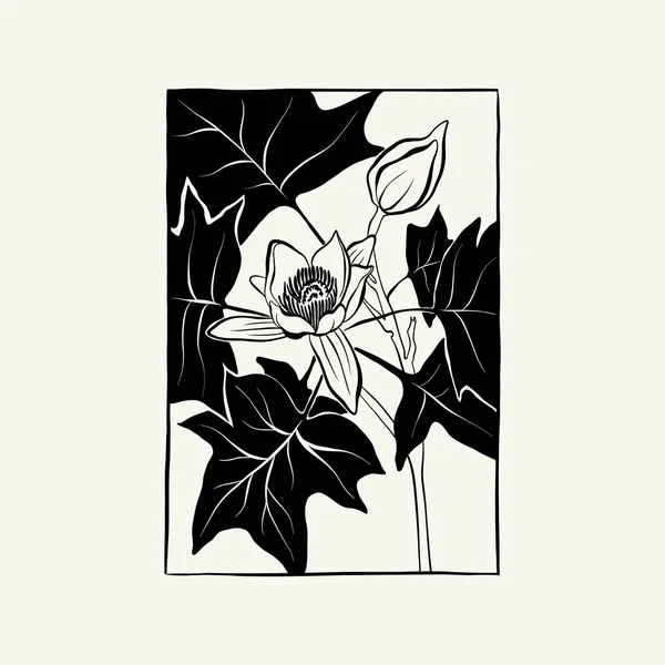 Flowers Botanica Illustration Black Ink Line Doodle Style — стоковый вектор