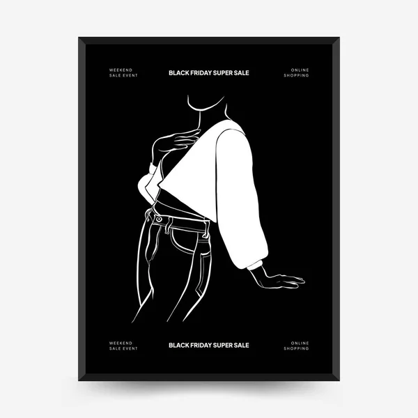 抽象的简约美学妇女与细线 流行的彩色海报模板 黑色星期五墙艺术 社交媒体 复古Boho风格 — 图库矢量图片