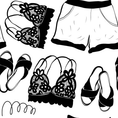 Modern abstract womens seamless pattern. Hand drawn outline trendy illustration. Black colors