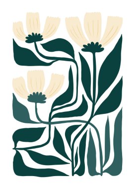Çiçek soyut elementler. Botanik kompozisyonu. Modern trend Matisse minimal tarzı. Çiçek posteri, davet. Tebrik kartı veya davet tasarımı için vektör düzenlemeleri
