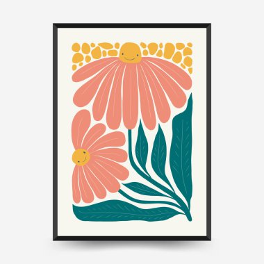 Soyut çiçek posterleri şablonu. Modern trend Matisse minimal tarzı. Pembe ve mavi renkler. Duvar kağıdı, duvar dekoru, baskı, kartpostal, kapak, şablon, pankart için el çizimi tasarımı. 