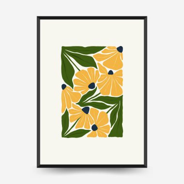 Soyut çiçek posterleri şablonu. Modern trend Matisse minimal tarzı. Pembe ve mavi renkler. Duvar kağıdı, duvar dekoru, baskı, kartpostal, kapak, şablon, pankart için el çizimi tasarımı. 