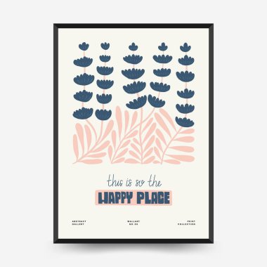 Soyut çiçek posterleri şablonu. Modern trend Matisse minimal tarzı. Pembe ve mavi renkler. Duvar kağıdı, duvar dekoru, baskı, kartpostal, kapak, şablon, pankart için el çizimi tasarımı. 