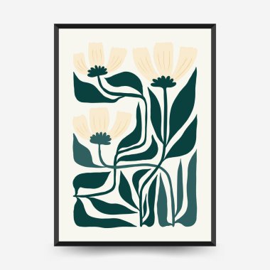 Soyut çiçek posterleri şablonu. Modern trend Matisse minimal tarzı. Pembe ve mavi renkler. Duvar kağıdı, duvar dekoru, baskı, kartpostal, kapak, şablon, pankart için el çizimi tasarımı. 