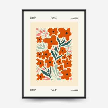Soyut çiçek posterleri şablonu. Modern trend Matisse minimal tarzı. Pembe ve mavi renkler. Duvar kağıdı, duvar dekoru, baskı, kartpostal, kapak, şablon, pankart için el çizimi tasarımı. 